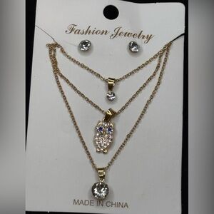 Fashion Jewelry Gold Tone Triple Pendant Owl Necklace & Earring Set